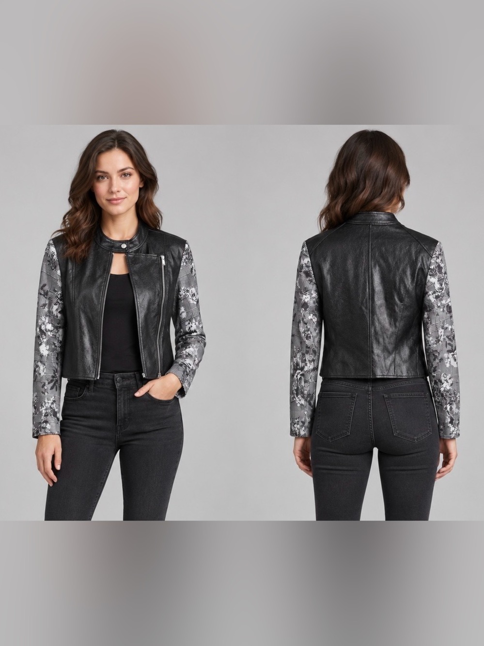 RACHEL Rachel Roy Black Moto Jacket with Floral Plaid Sleeves Size L